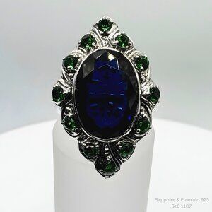 Handmade Sapphire Emerald Halo Ring 925 Silver Size 6 Resizeable Jewelry Making